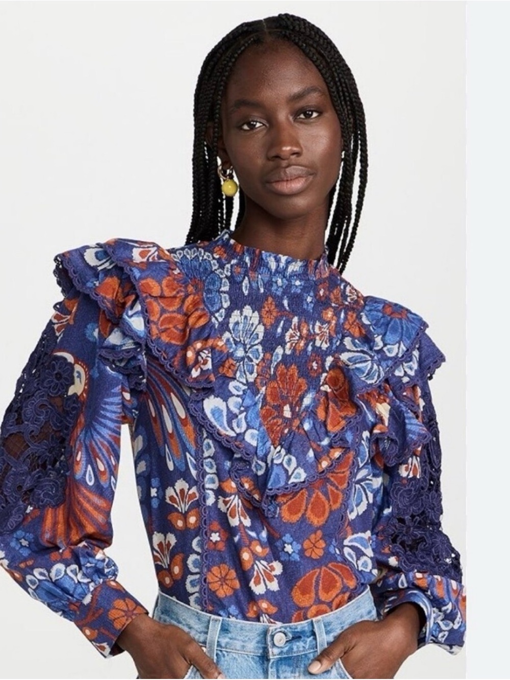 Farm Rio Floral Ruffle High-Neck Blouse